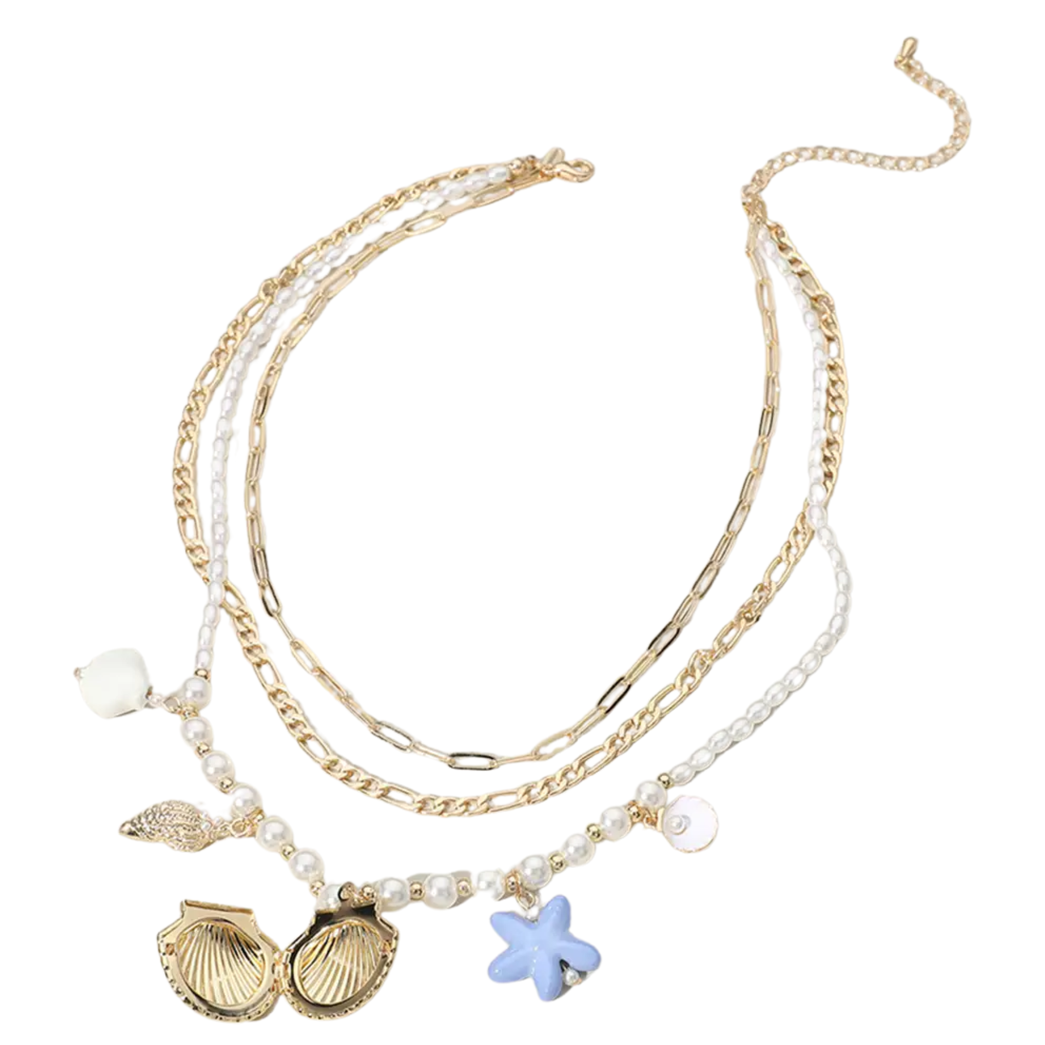 Sea Shell Locket & Starfish Charm Layered Pearl Necklace