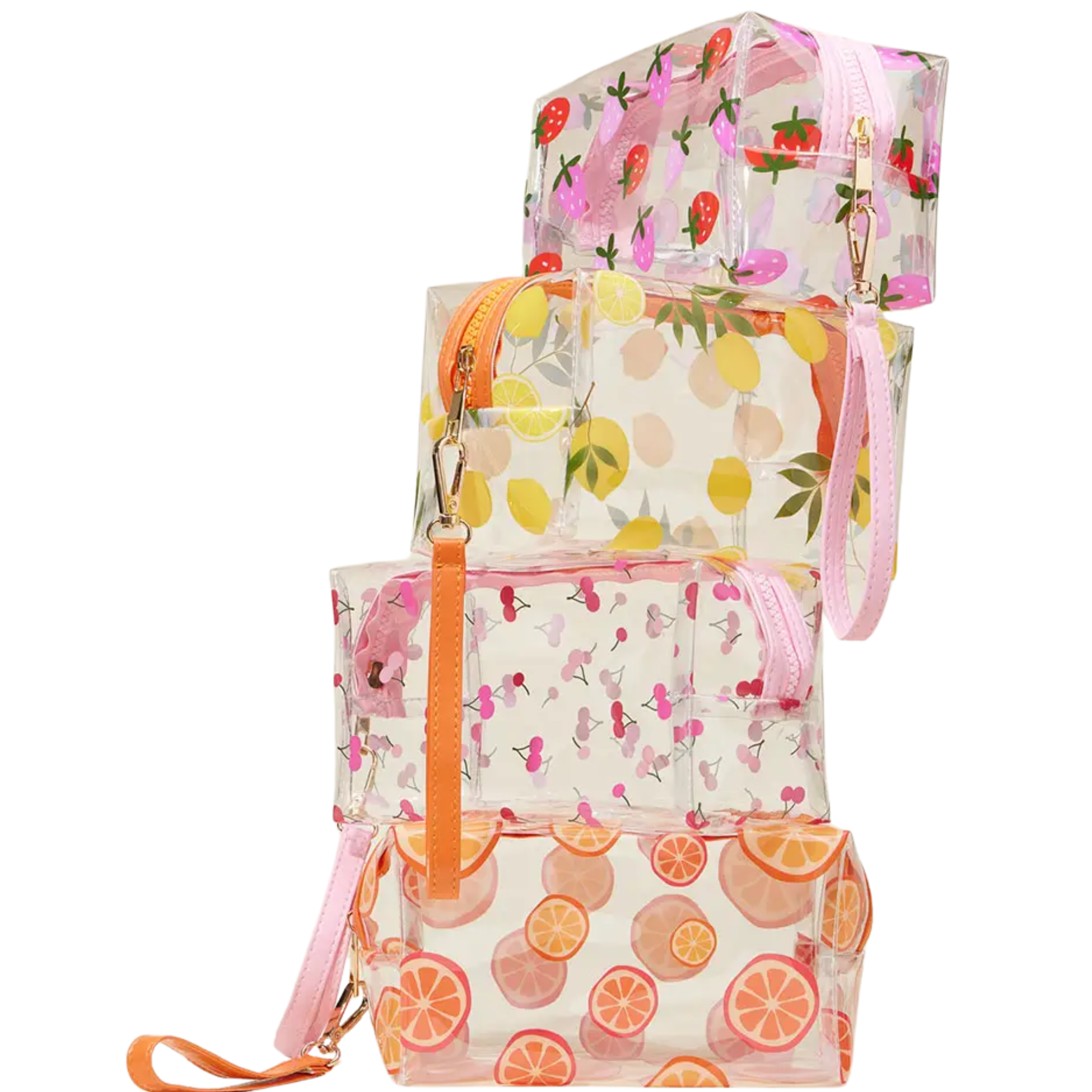 Transparent fruit-themed cosmetic pouch by Private Label, showing its clear design and colorful fruit print for storing beauty essentials.