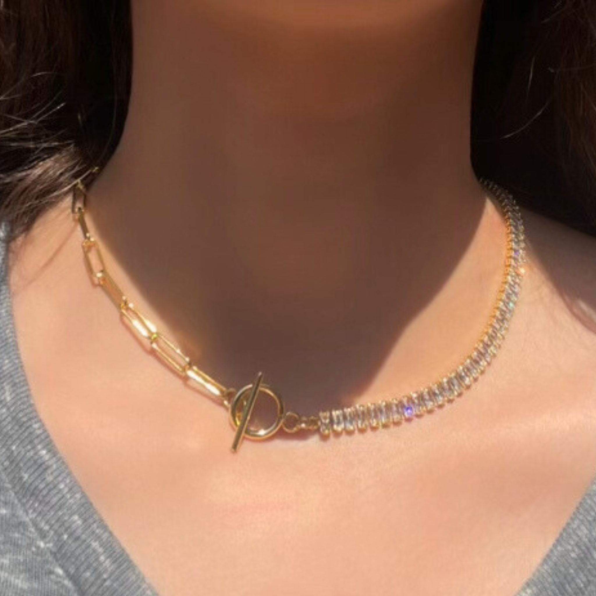 Cz Baguette and Chain Link Toggle Necklace