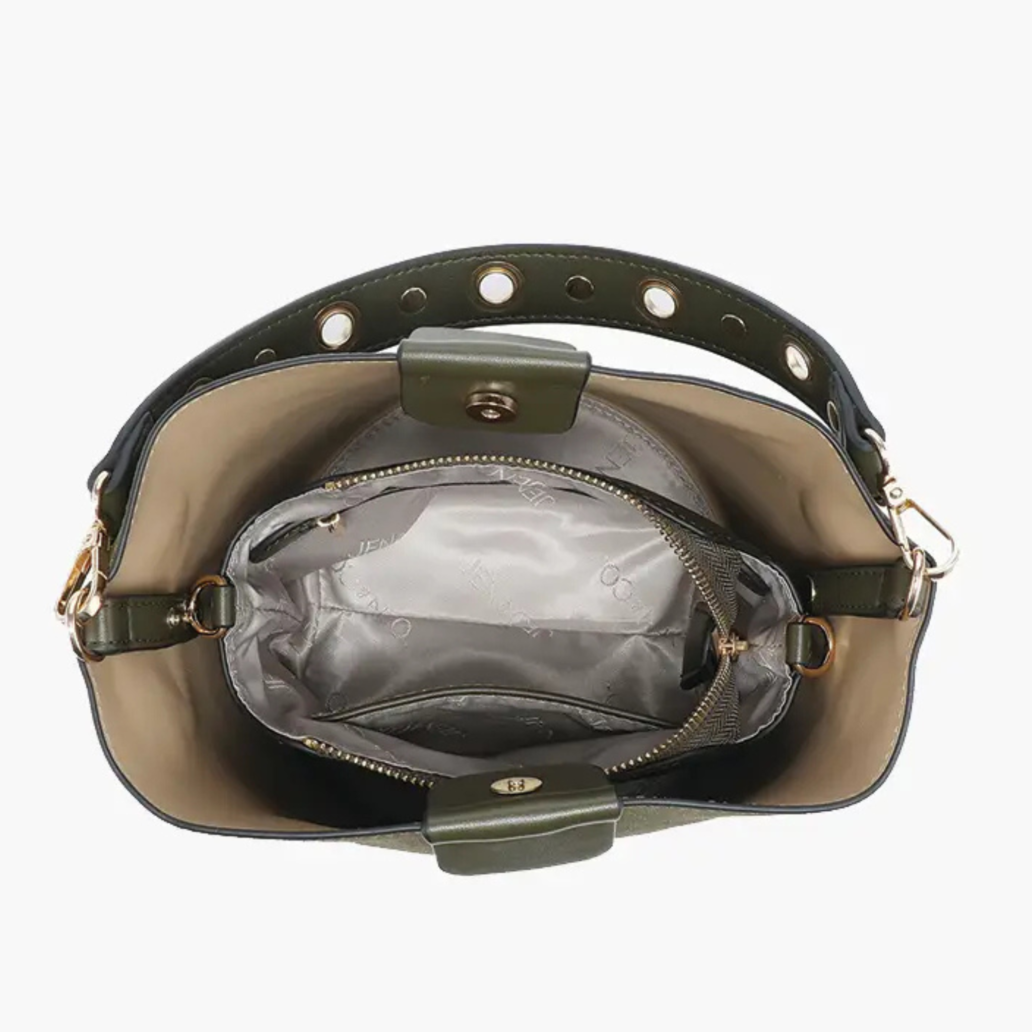 Jen & Co Farrah suede bucket handbag with top handle and inner bag, showcasing its stylish design and soft texture.