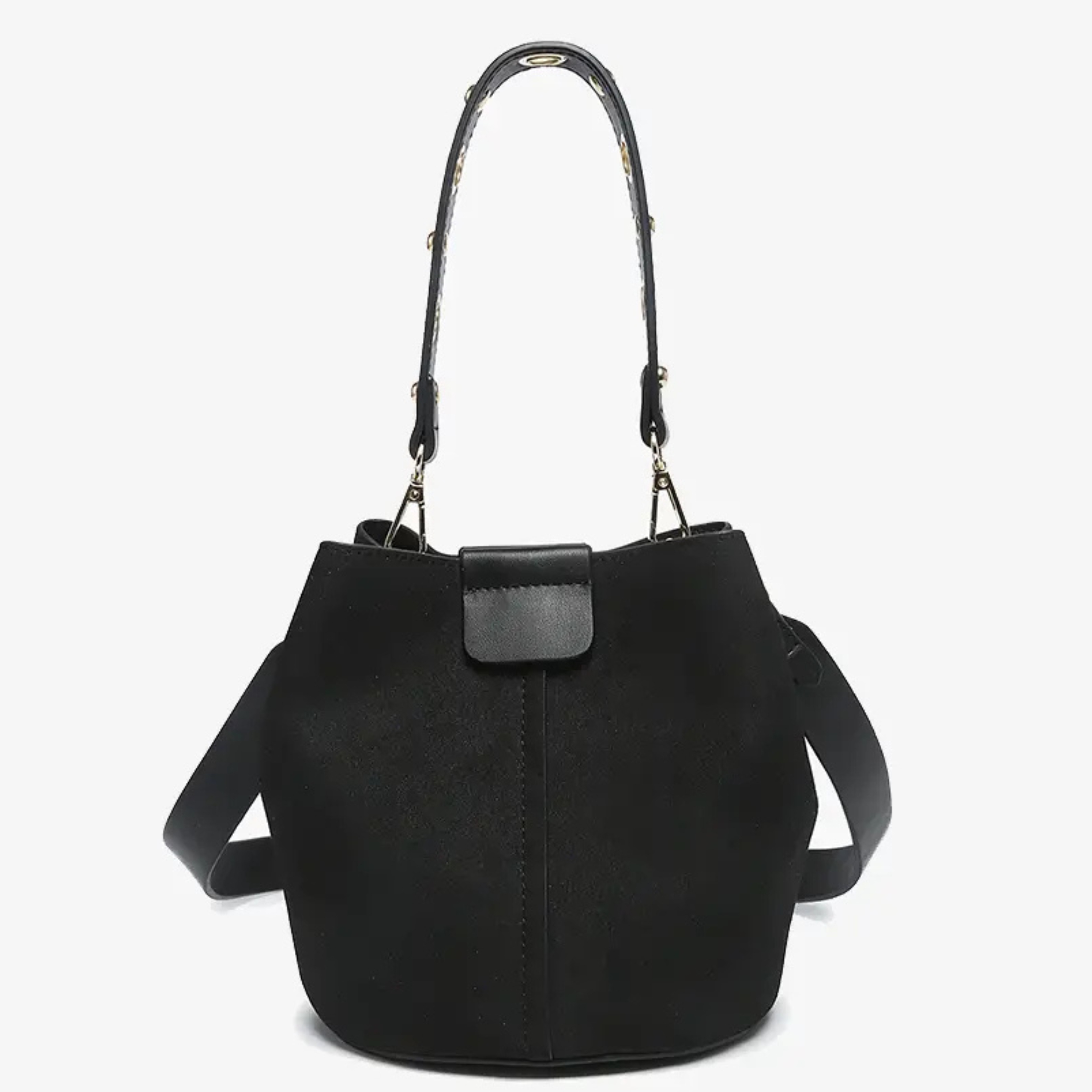 Jen & Co Farrah suede bucket handbag with top handle and inner bag, shown from the front with detailed suede texture.
