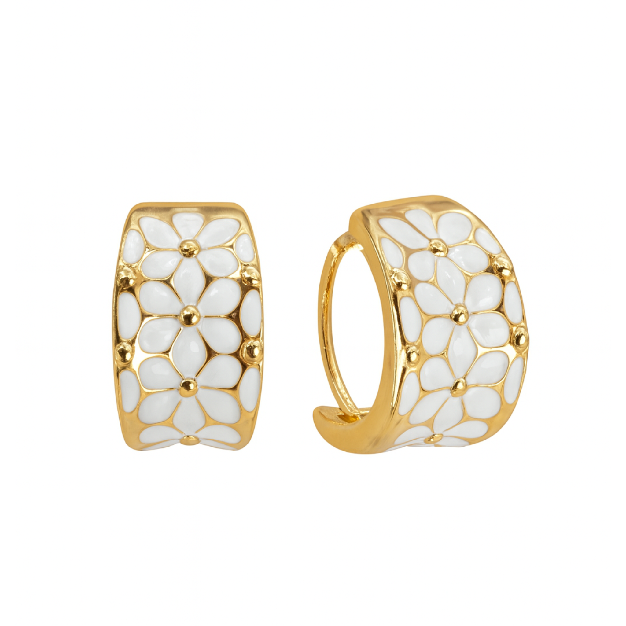Gold hoop earrings with white floral patterns on a white background