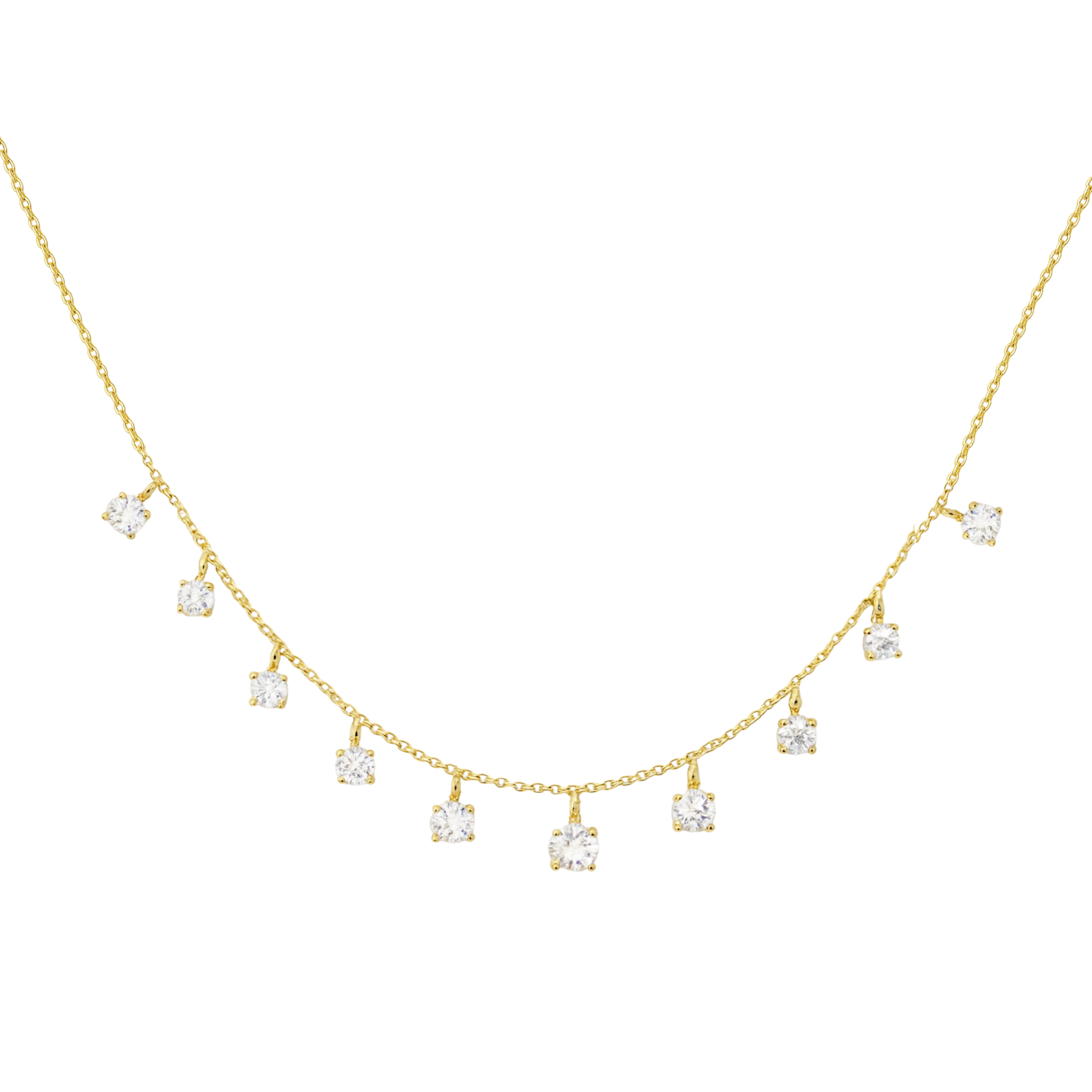 Gold necklace with diamond pendants on a white background