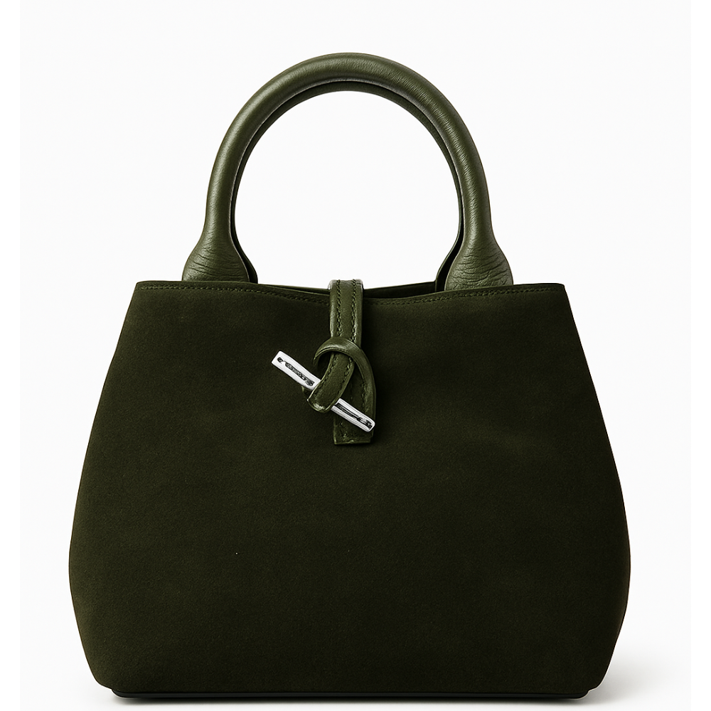 Green suede handbag with matching handle by Private Label, stylish Italian-inspired bag on a white background