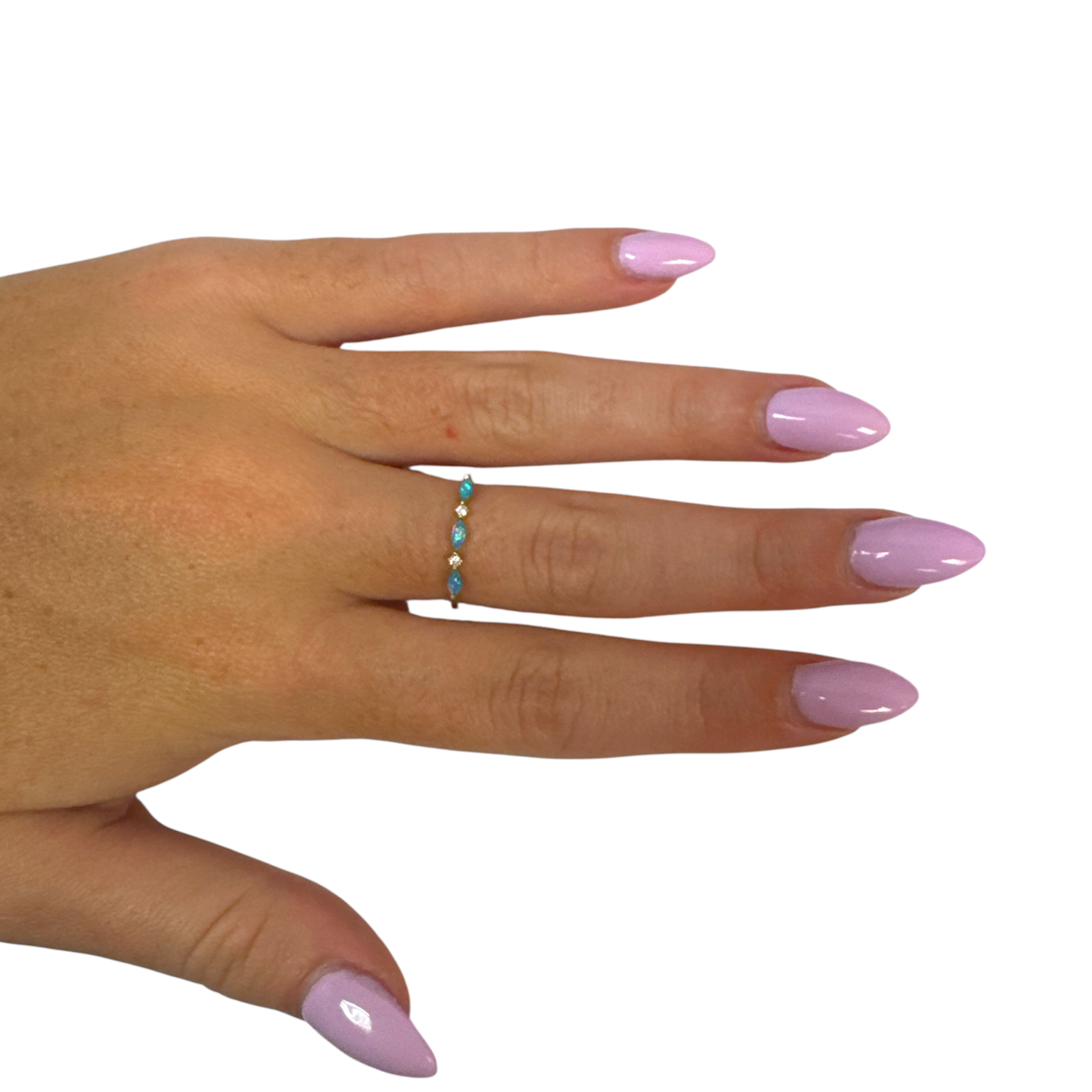 Hand with pink nail polish wearing a blue ring on a white background