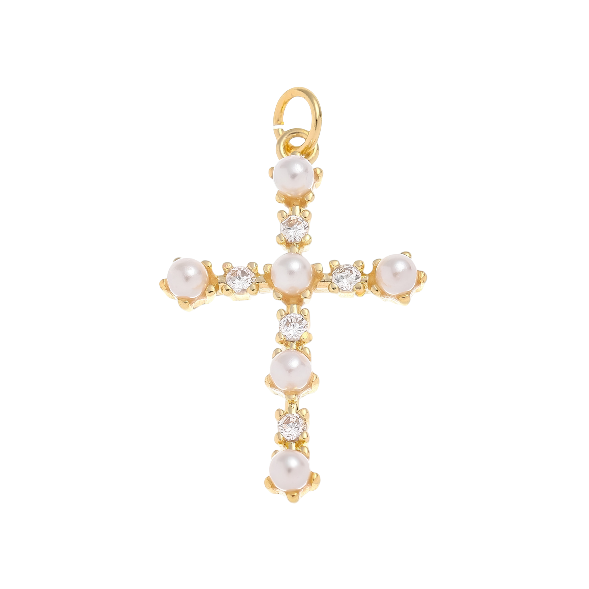 18k Gold Pearl Cross Charm with Pave Cz