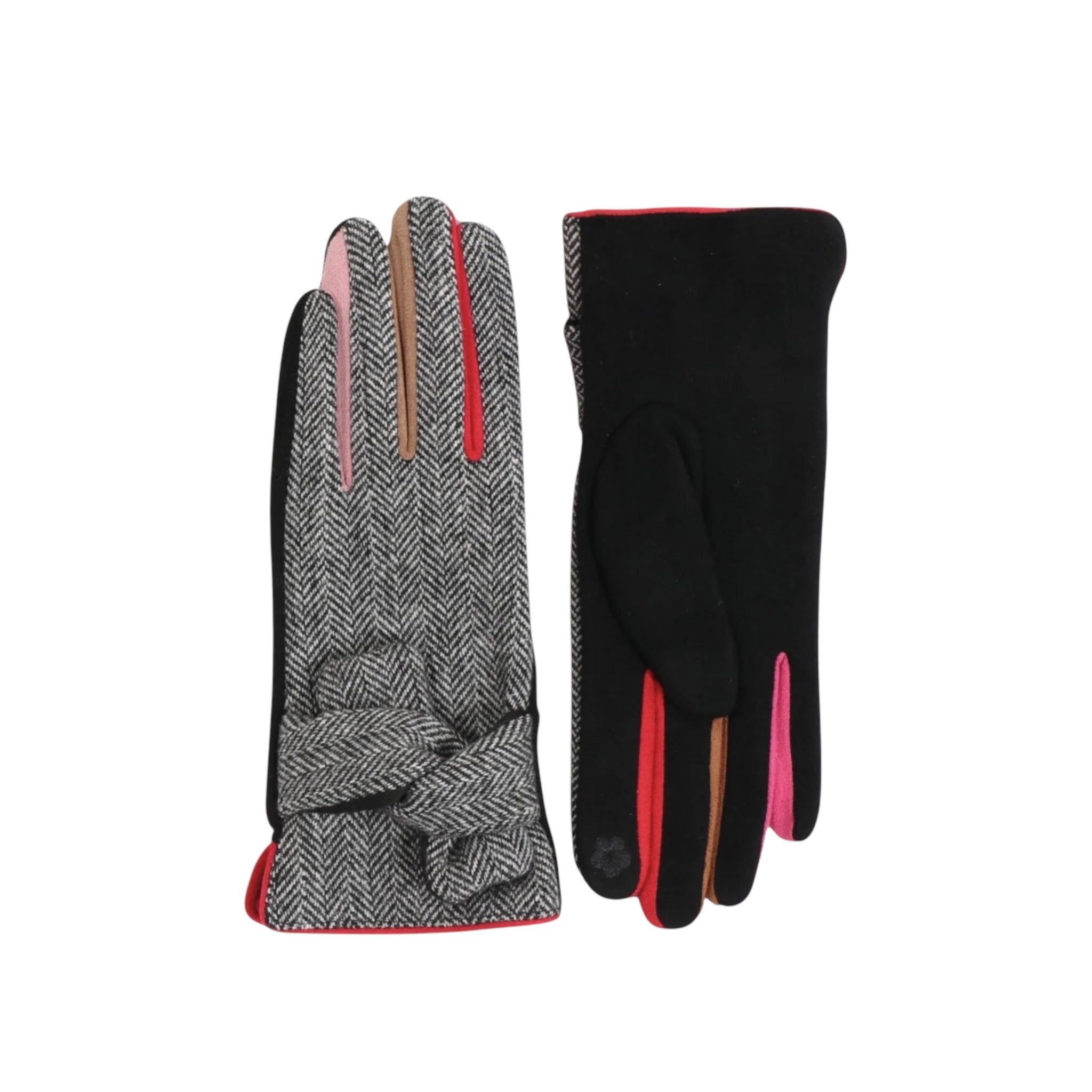 Black Herringbone Gloves with Contrasting Coloured Fingers - Let's Bag It 