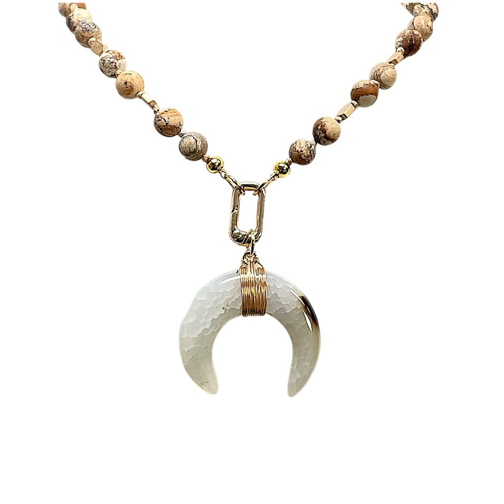 Picasso Frosted and Beaded Agate Crescent Necklace