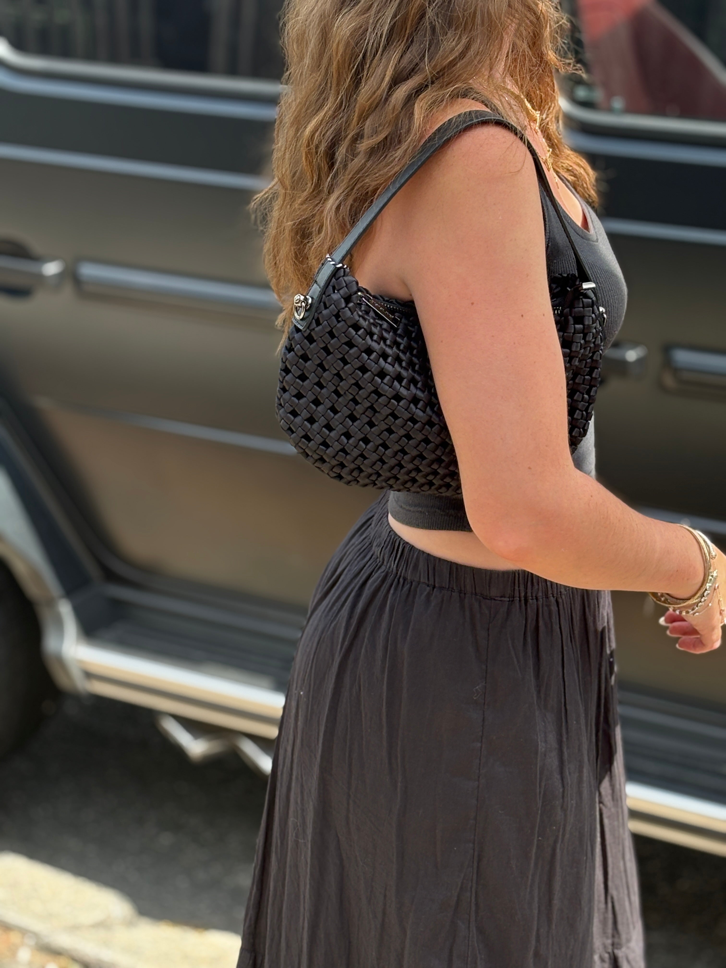 Prenelove Bordon nylon shoulder bag with adjustable strap, black crossbody handbag, durable and stylish for everyday use.