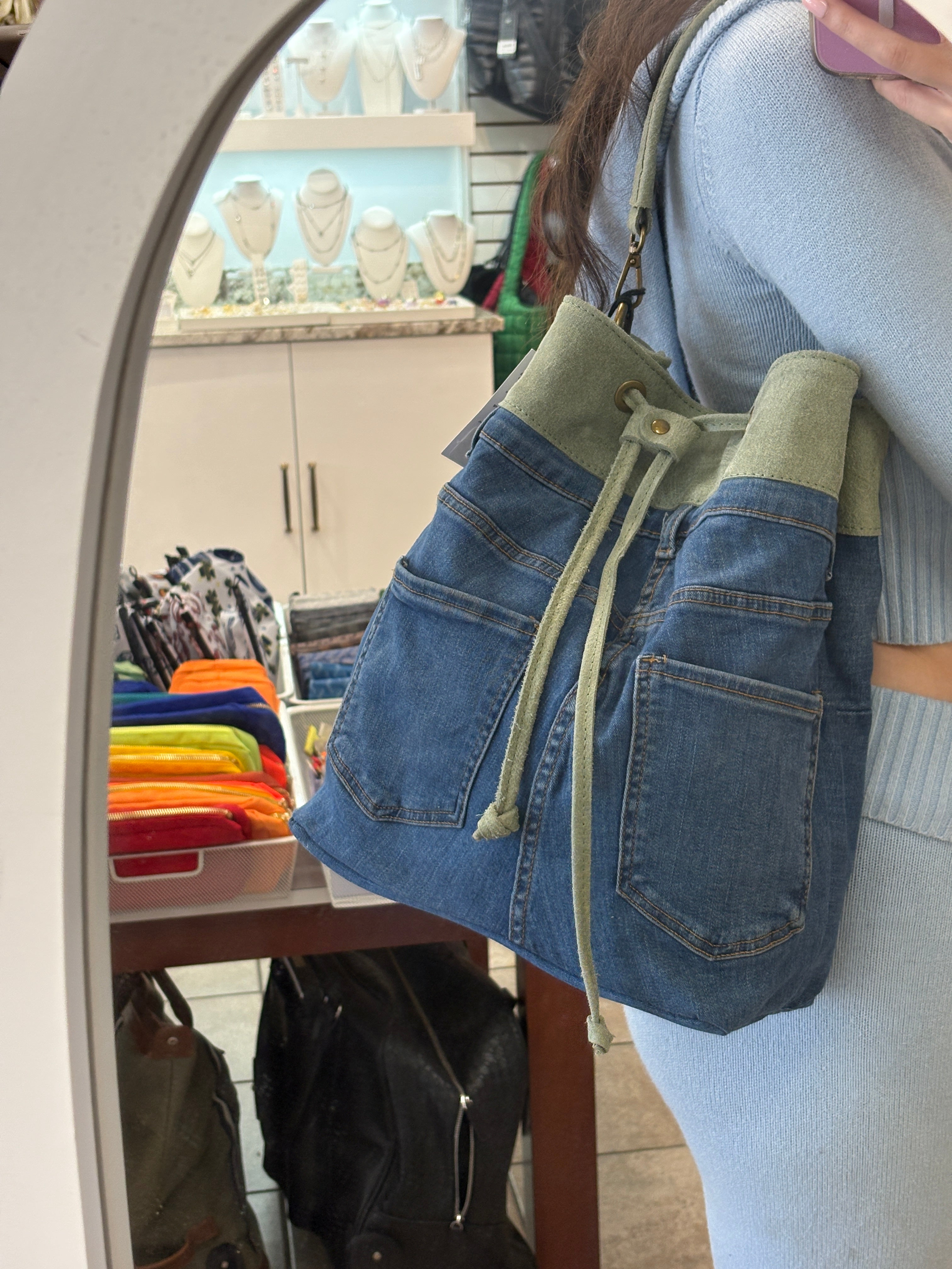 Denim bag by Private Label, featuring a stylish Secchiello Teresa design with a unique match ele pattern.