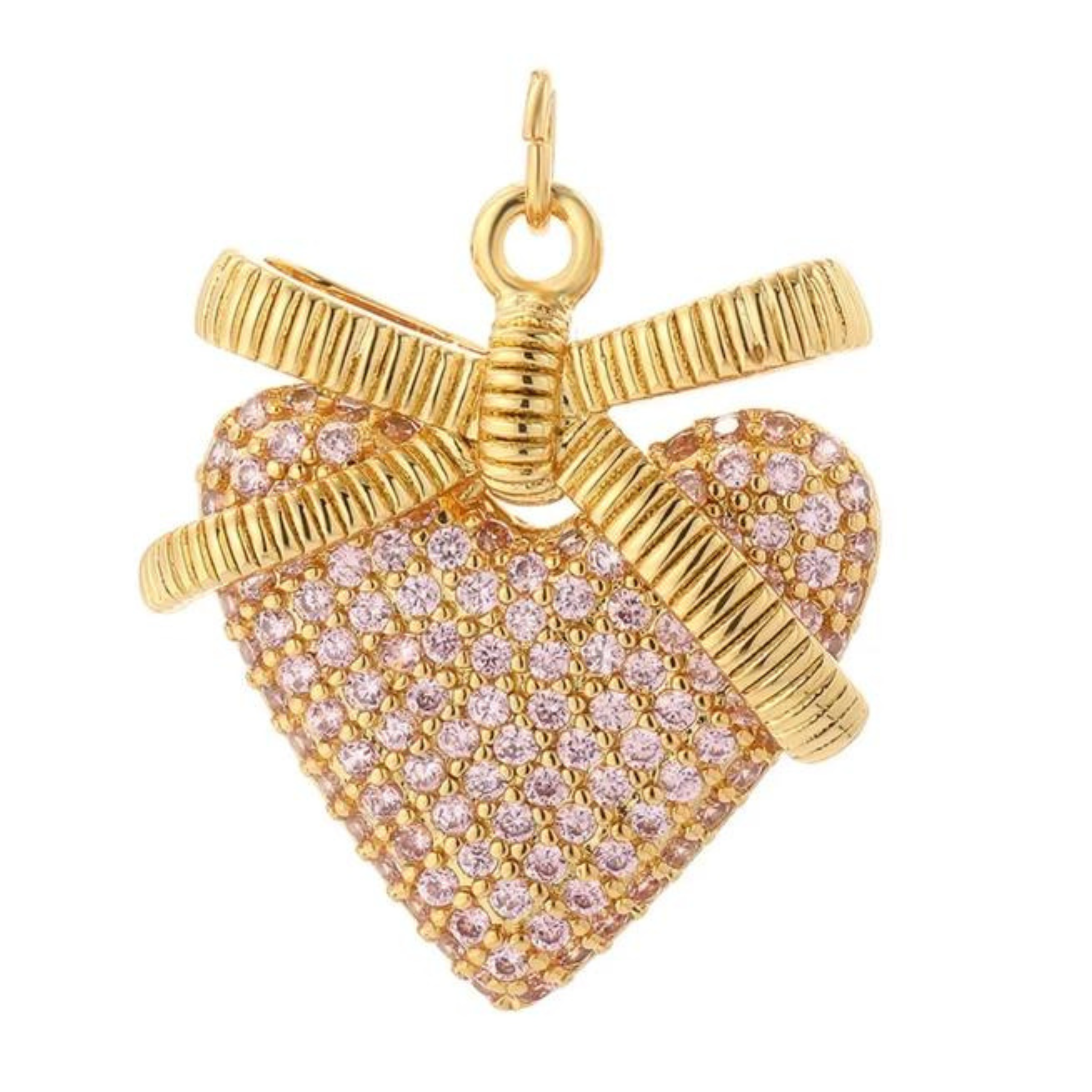 Large Pink Pave Heart & Bow Charm For Charm Bar & Charm Necklace