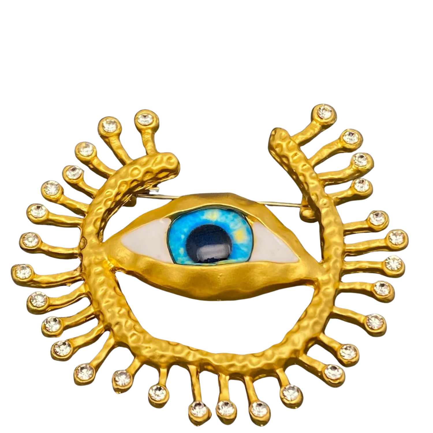 Evil Eye brooch by Private Label featuring a vibrant blue and gold eye design on a decorative metal pin.