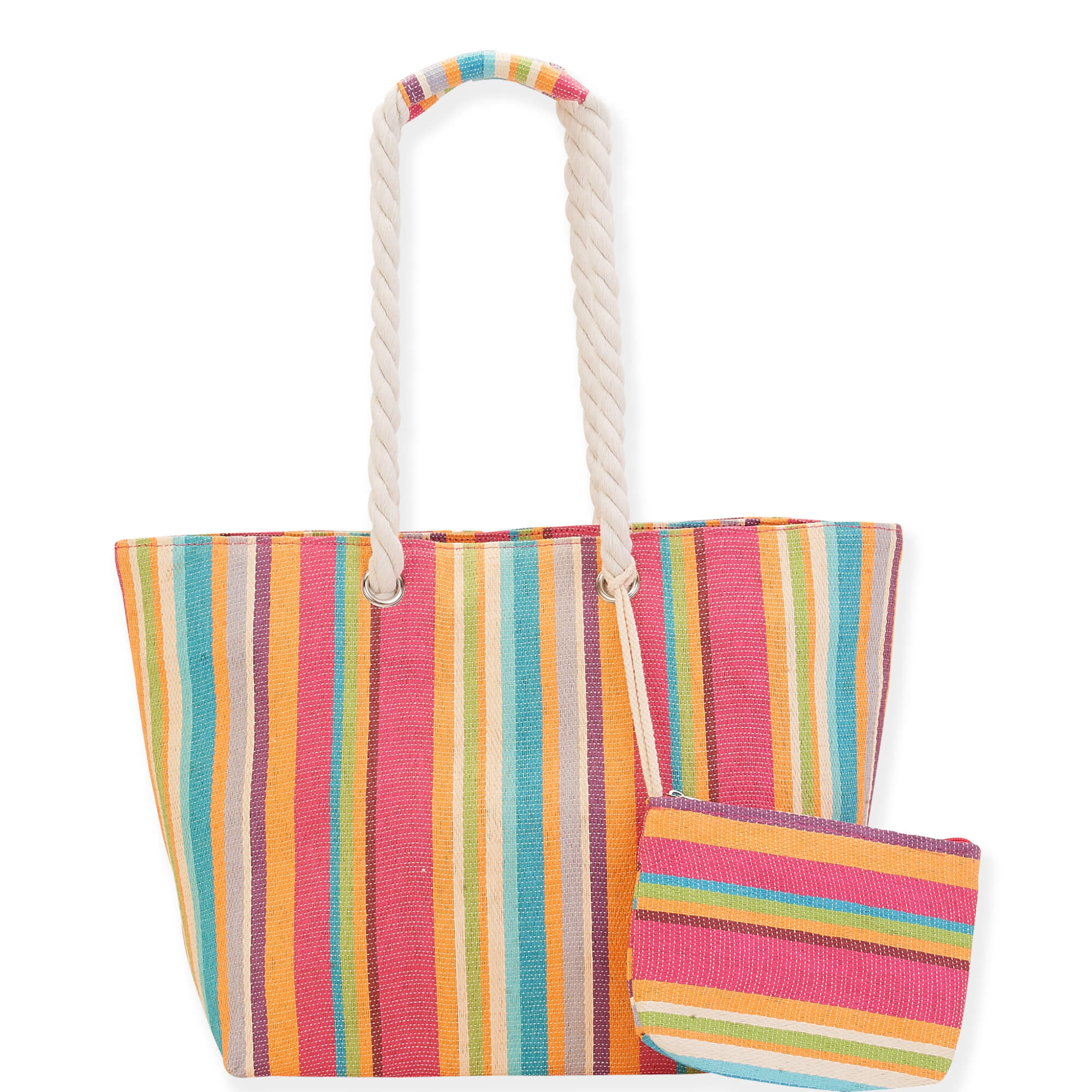 Sun N Sand Y2K striped beach tote bag with colorful, adjustable straps and spacious main compartment for beach essentials.