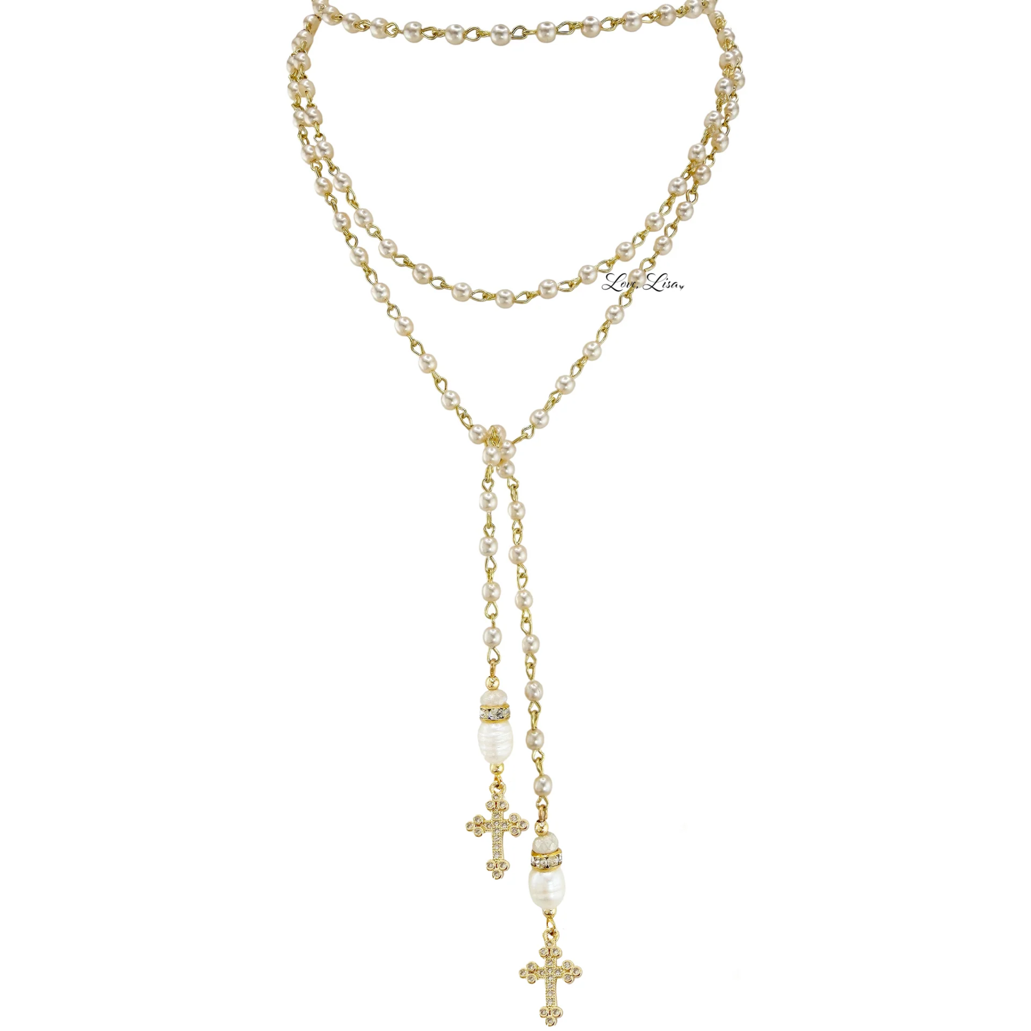 Love Lisa Mary Cross Lariat Necklace featuring a delicate chain with a cross pendant, stylish jewelry for everyday wear.