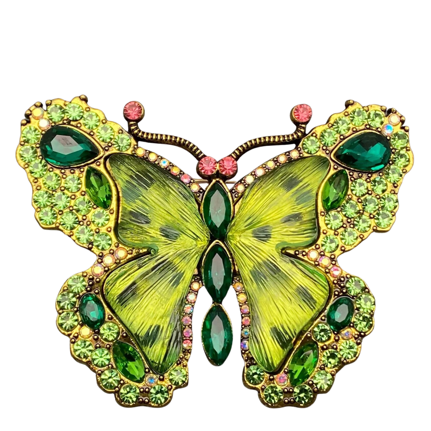 Large glass and rhinestone butterfly brooch pin featuring intricate design, perfect for elegant accessories.