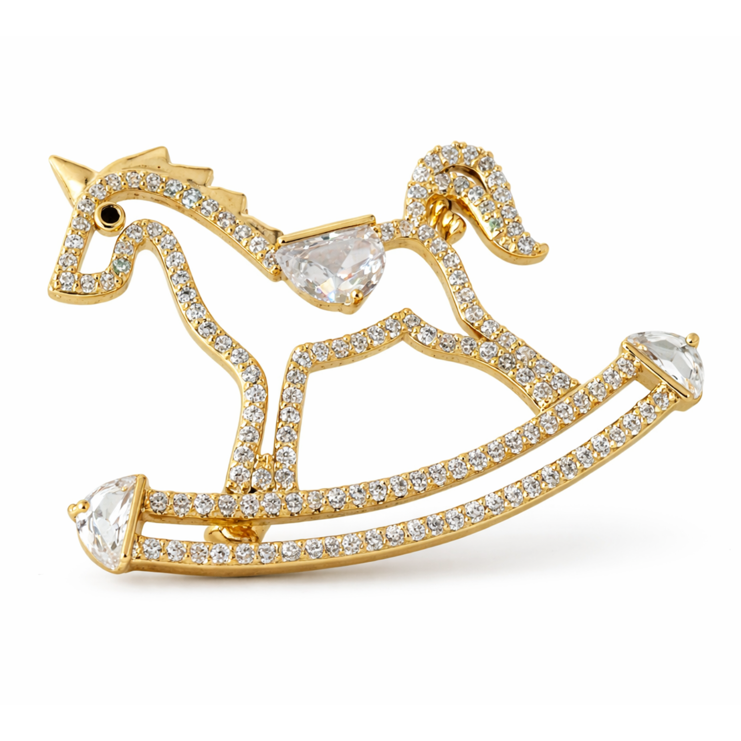 Private label crystal rocking horse brooch with sparkling details and elegant design, perfect for accessorizing clothing or accessories.