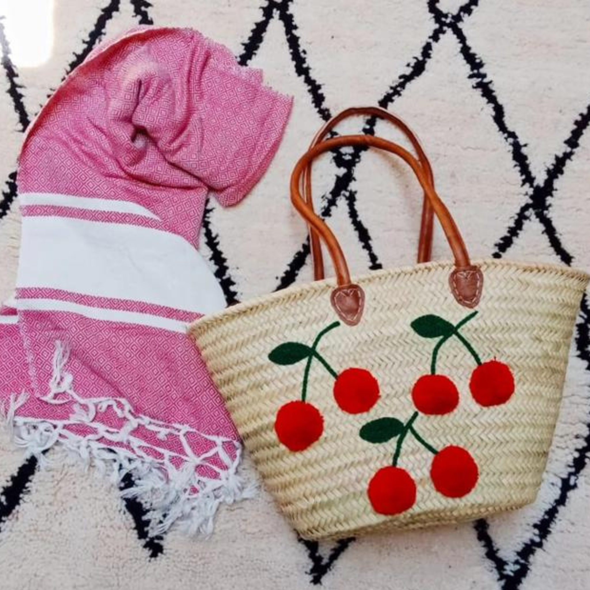 Cherry Market Basket Straw Bag