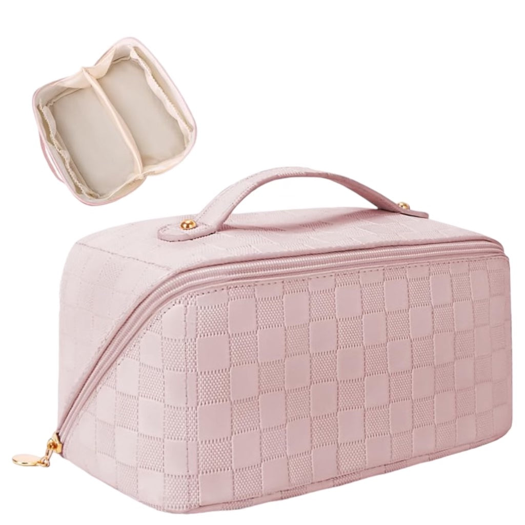 Checkered PU Leather Makeup Bag Large Capacity