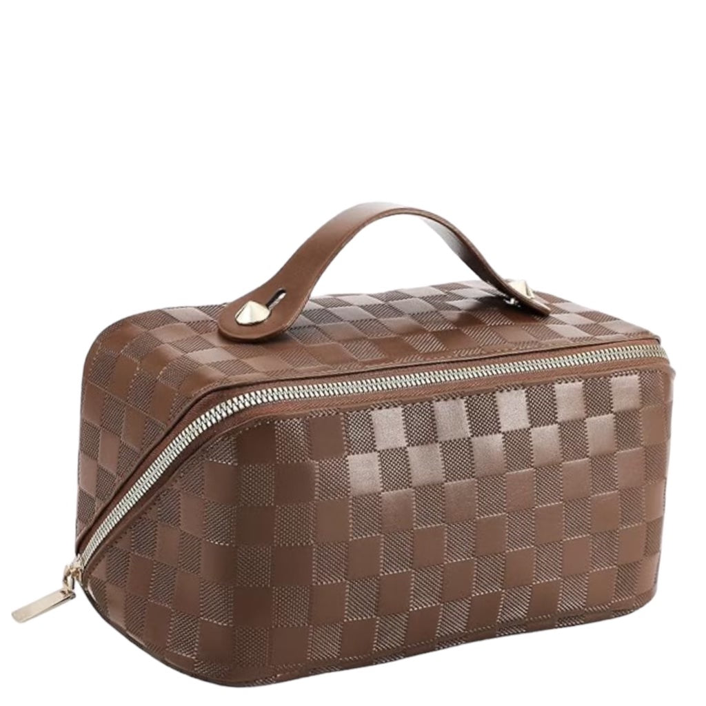 Checkered PU Leather Makeup Bag Large Capacity