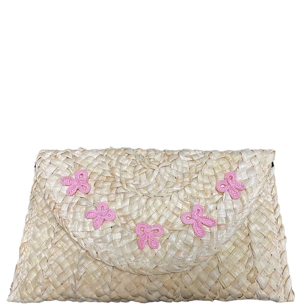 Raffia Embroidered Bow Clutch