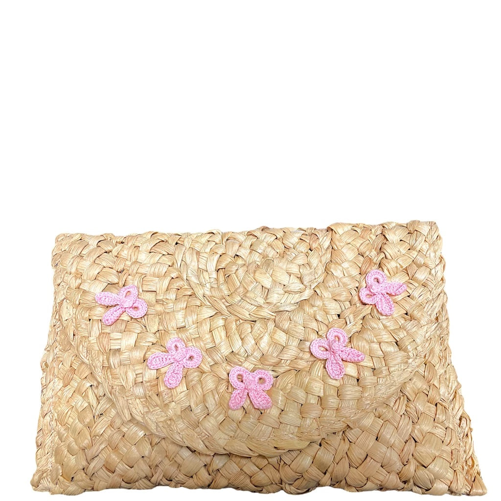 Raffia Embroidered Bow Clutch