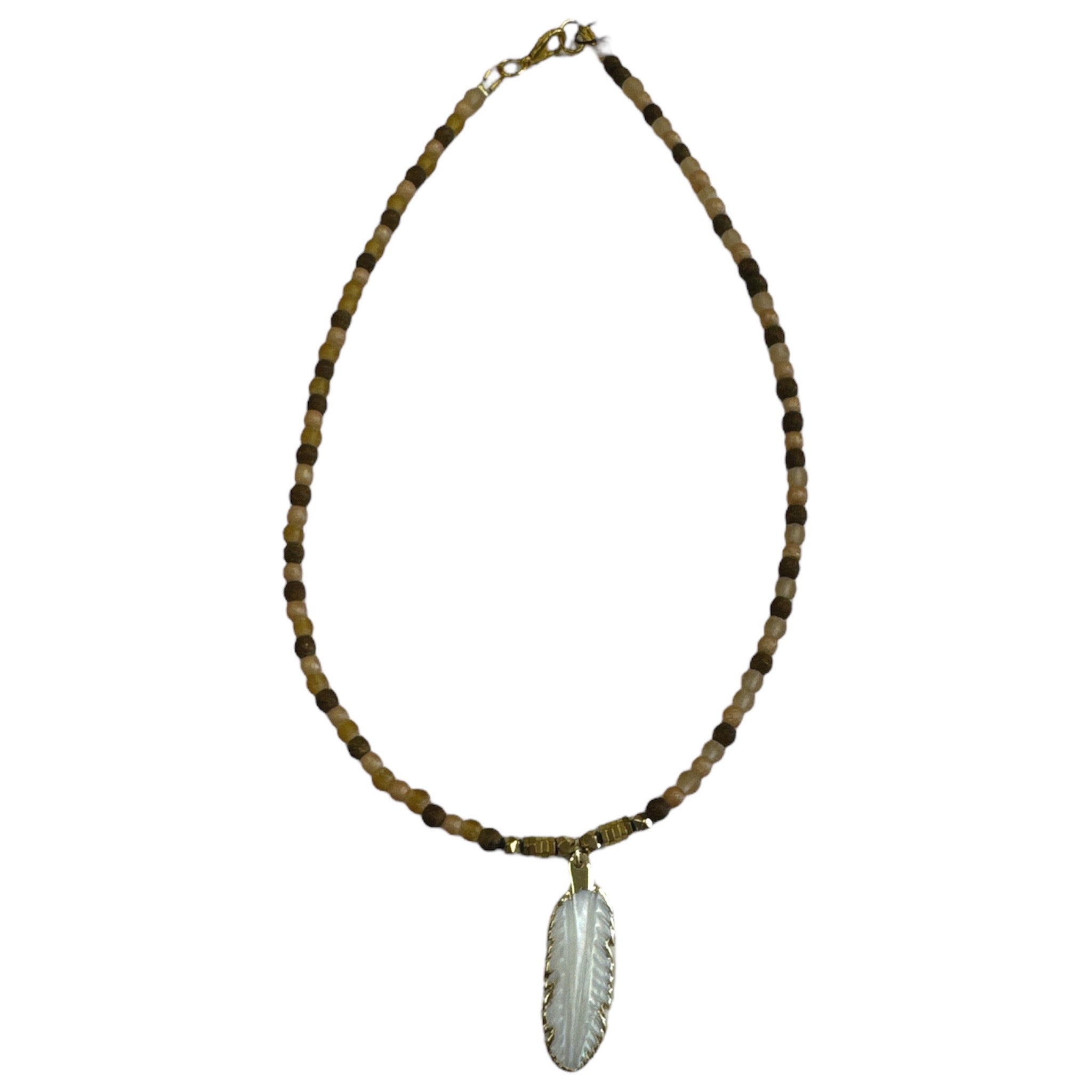 Frosted crystal and carved bone feather necklace