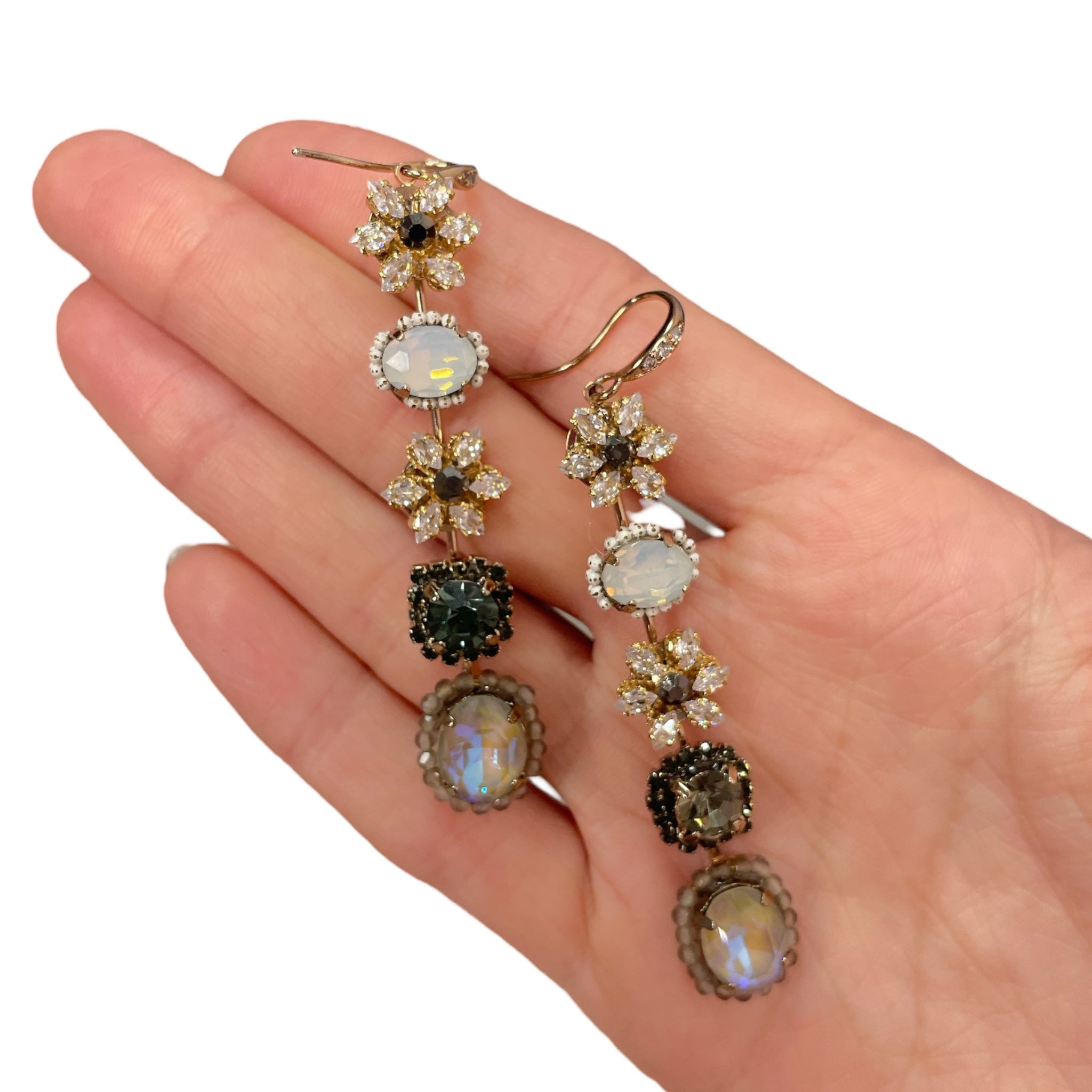 Private label 5-tier beaded flower drop earrings with colorful floral beads and dangling design on a white background.
