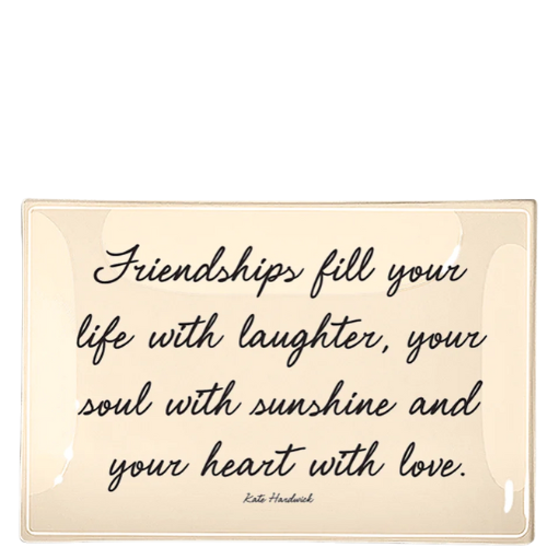 Pink and white decorative decoupage glass tray featuring friendship-themed illustrations, by Bens Garden.