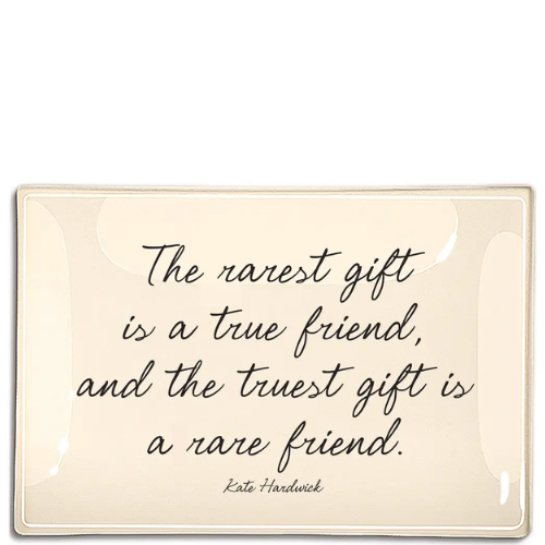 Pink and white decorative glass tray featuring a "The Rarest Gift Is A True Friend" decoupage design by Bens Garden, ideal for home decor.