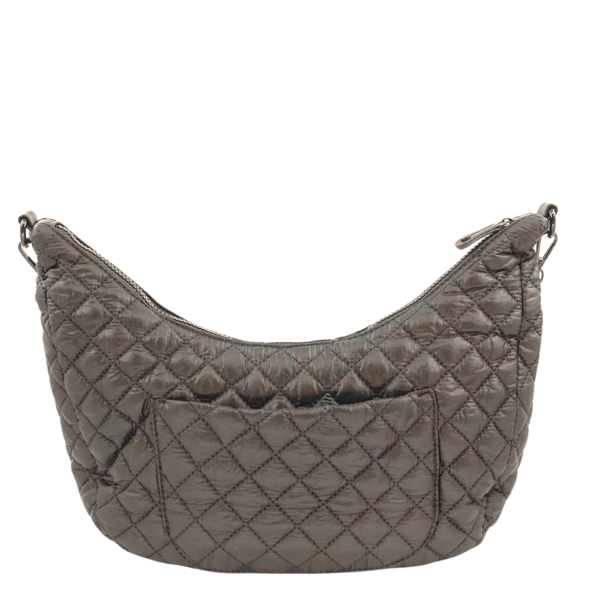 Chocolate quilted nylon crossbody bag by BC Handbags displayed on a white background.