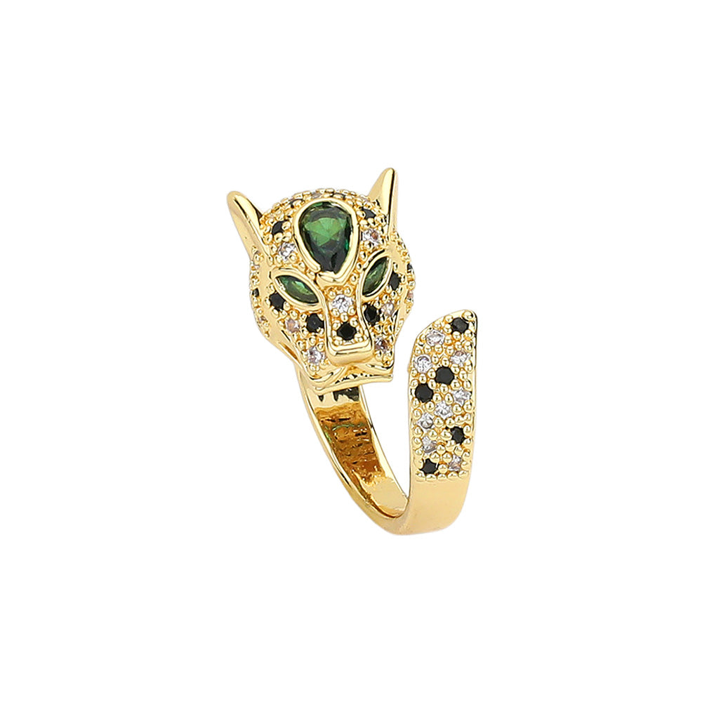 Brass metal leopard ring with CZ stone pave detailing, size 8, by Private Label Jewelry. Elegant animal-inspired design.