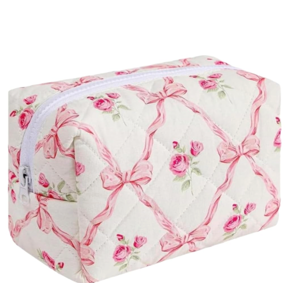 Quilted Bow Floral Makeup Bag