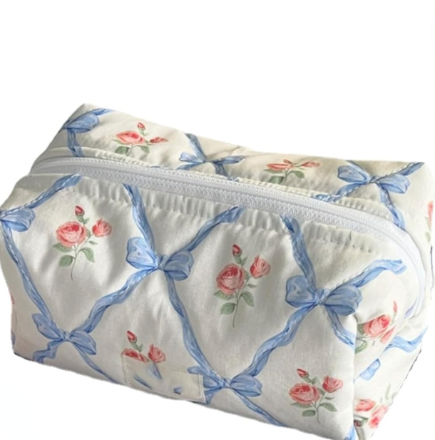 Quilted Bow Floral Makeup Bag