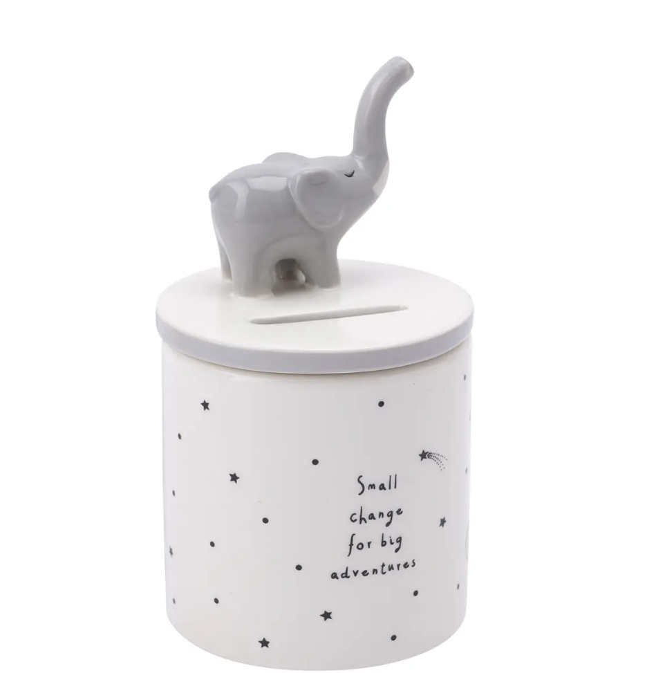 Private label Send with Love Ceramic Elephant Money Pot, a charming giftware piece featuring a cute elephant design and coin opening.