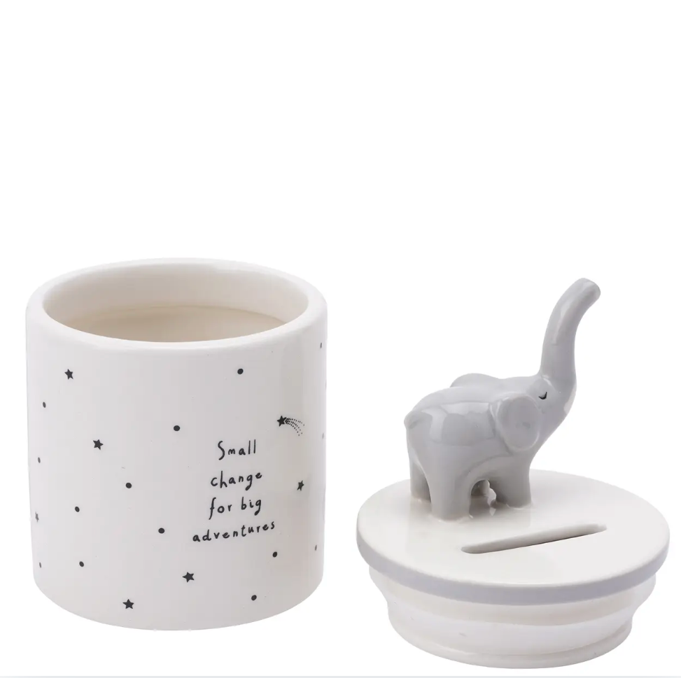 Ceramic elephant money pot from private label giftware, designed for saving and gifting, with a charming, decorative appearance.