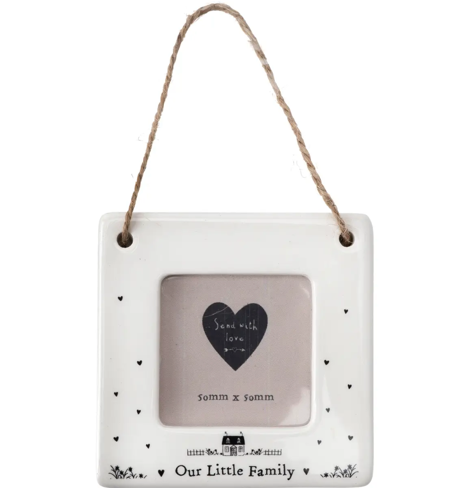 Mini ceramic photo frame by private label featuring "Our Family" design, perfect for displaying cherished memories.