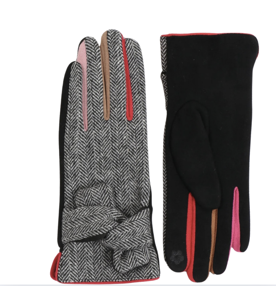 Black Herringbone Gloves with Contrasting Coloured Fingers