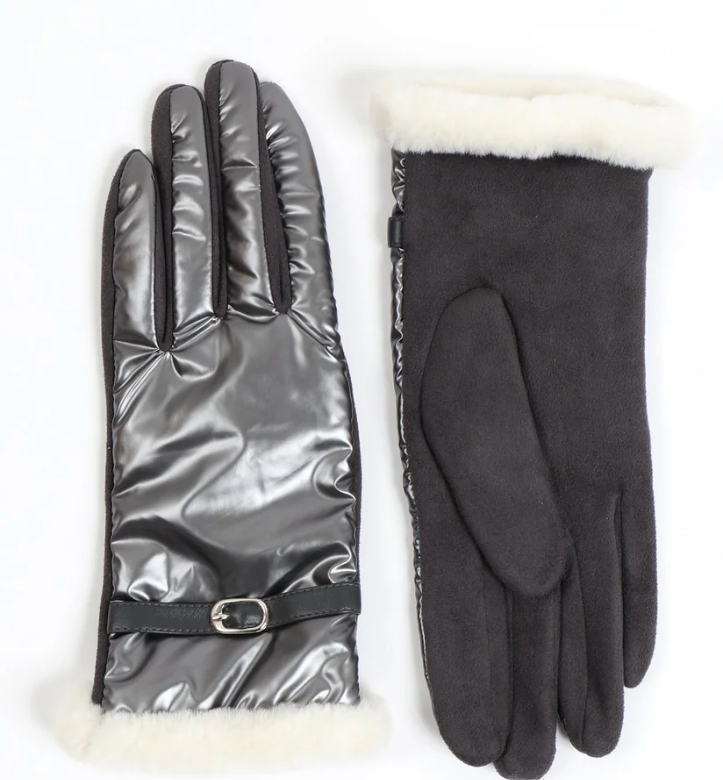 Metallic Look Gloves with Faux Sheepskin Trim