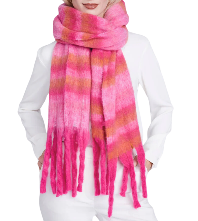 Pink Stripe Blanket Scarf with Twisted Fringes