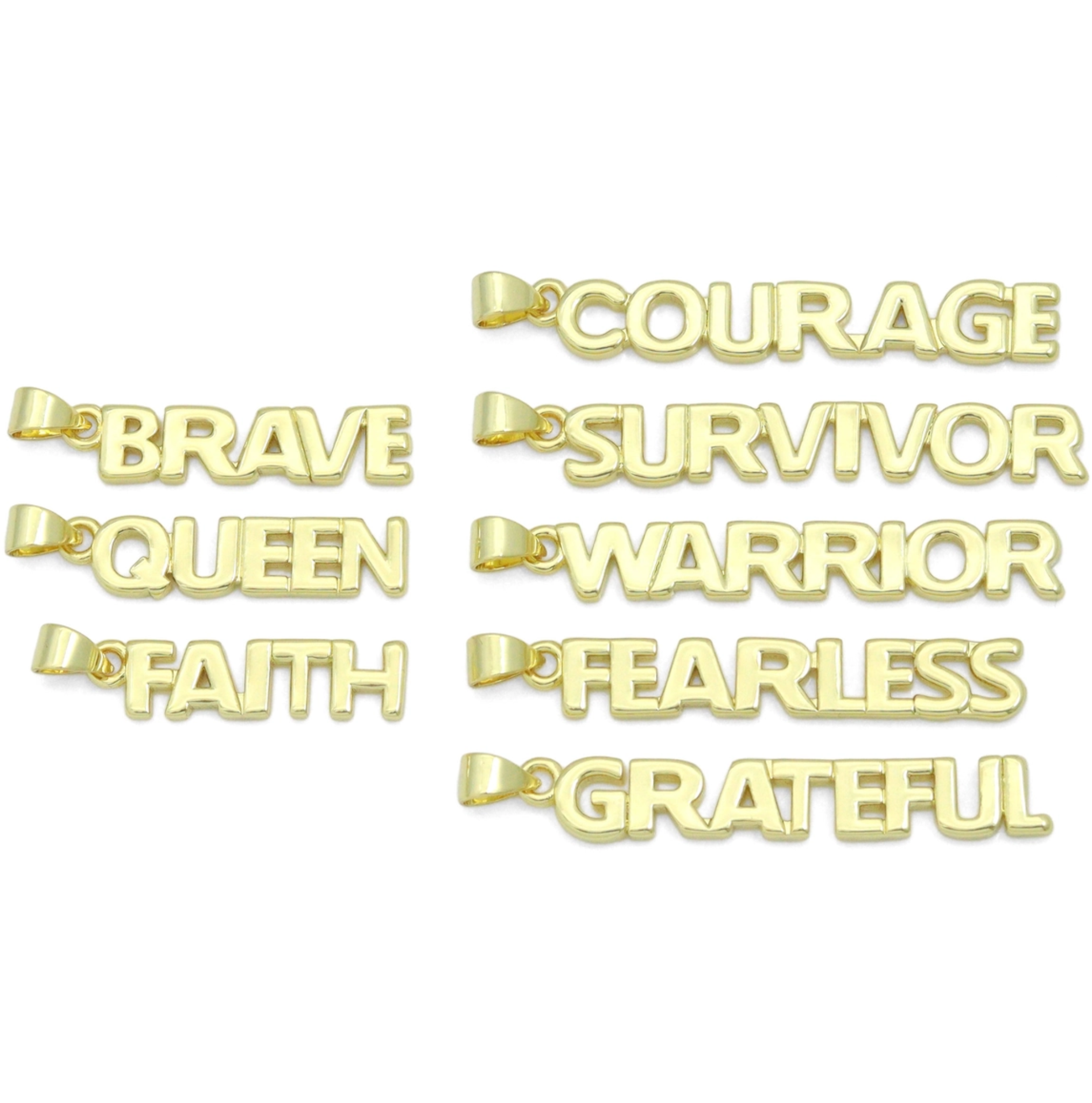 Empowerment Word Charms Collection featuring various inspirational charms on a display.