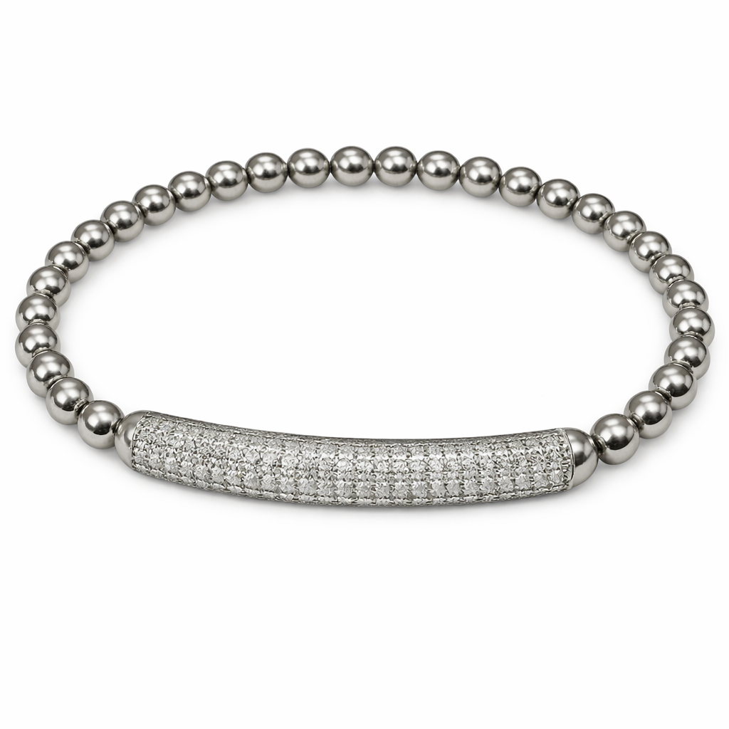 Silver pave bar bracelet from The Skylar Project featuring beaded design and bar clasp on white background.