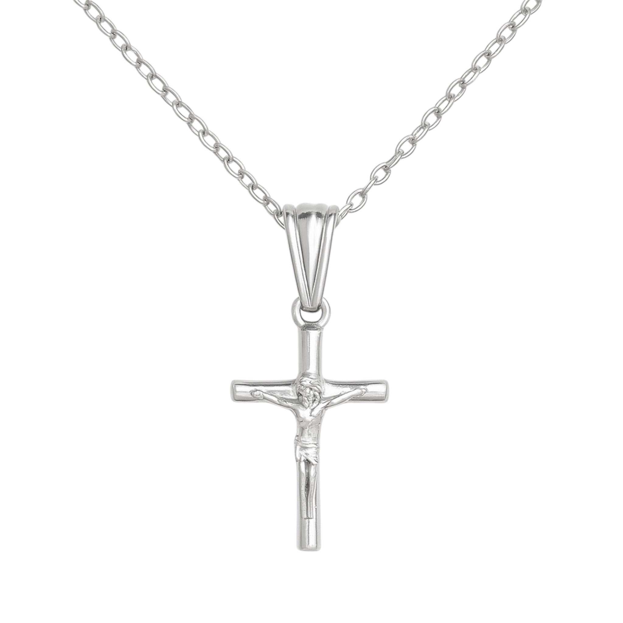 Silver cross pendant necklace on a white background