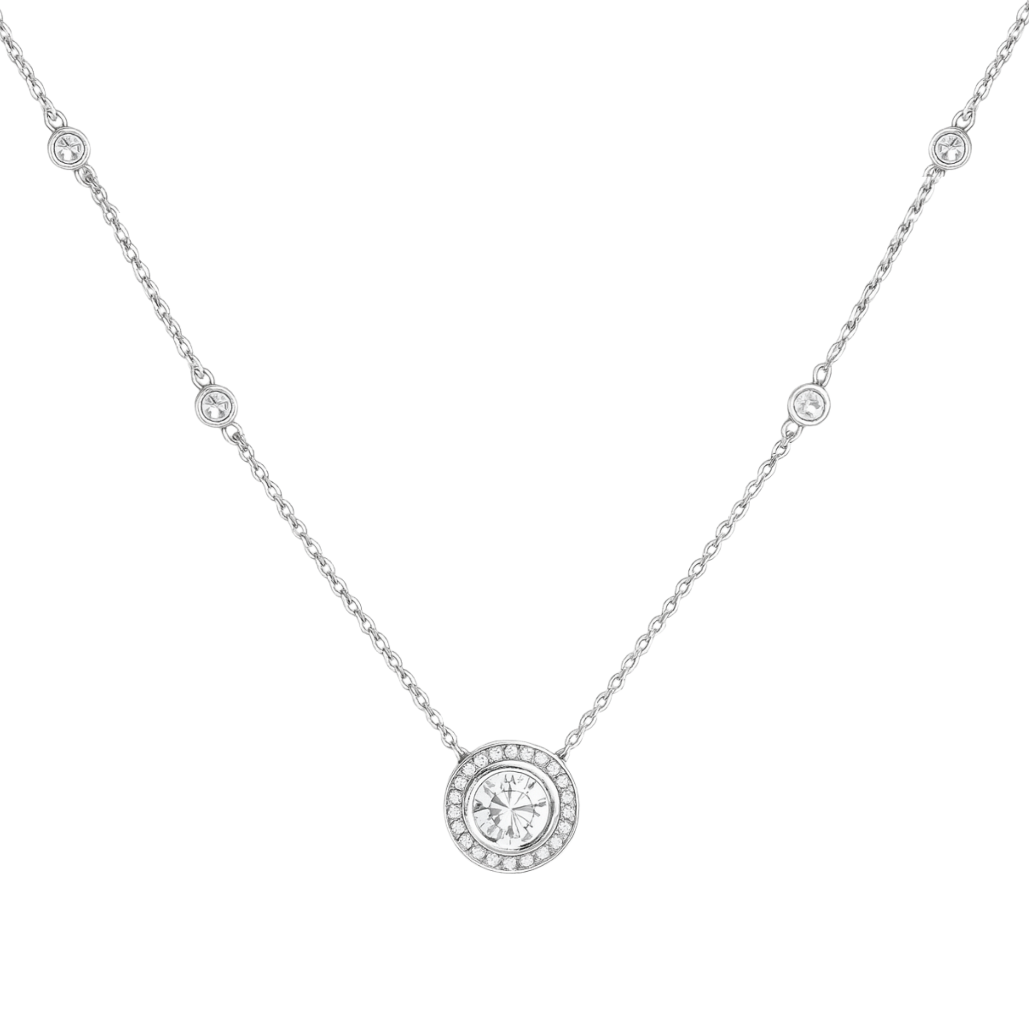 Sterling silver 925 necklace featuring a dainty round CZ pendant on a white background.