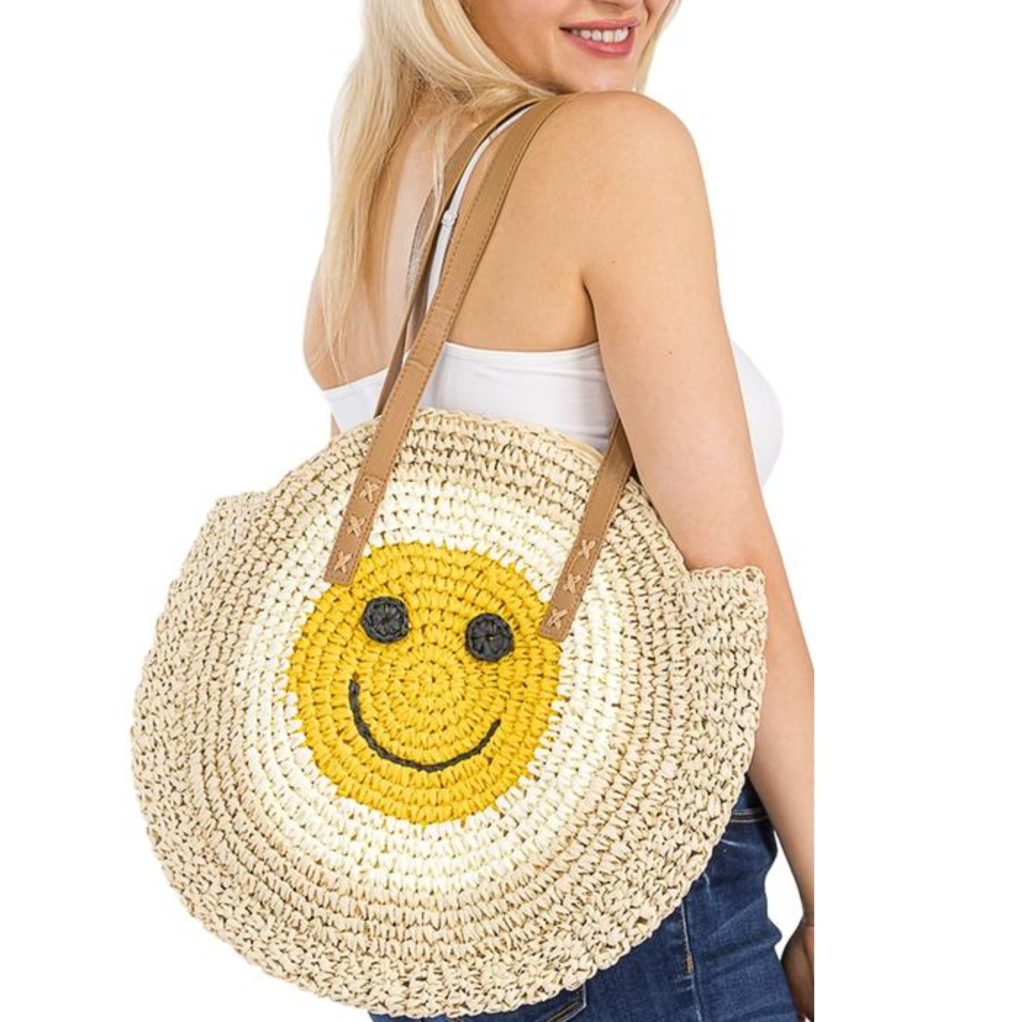 Smiley Face Rattan Wicker Round Beach Tote Bag