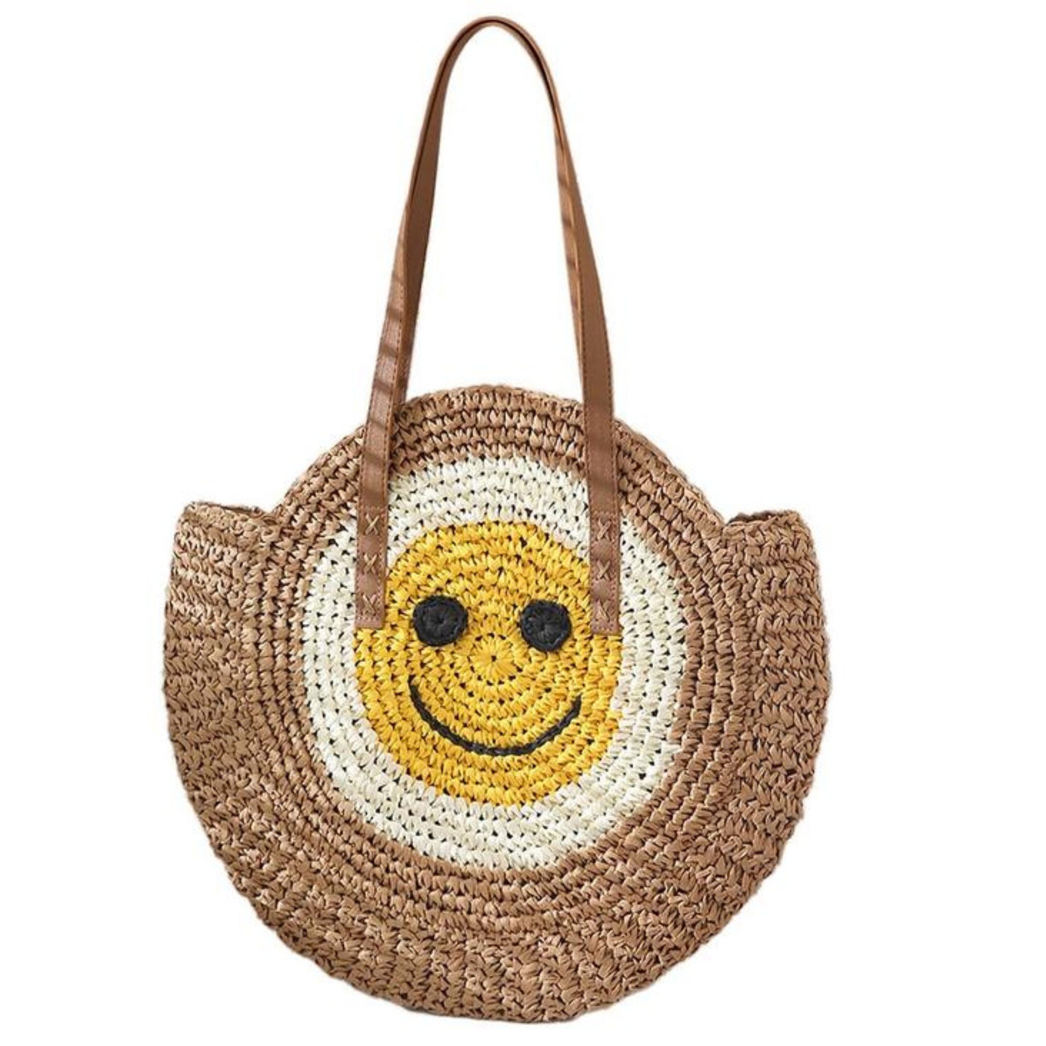 Smiley Face Rattan Wicker Round Beach Tote Bag