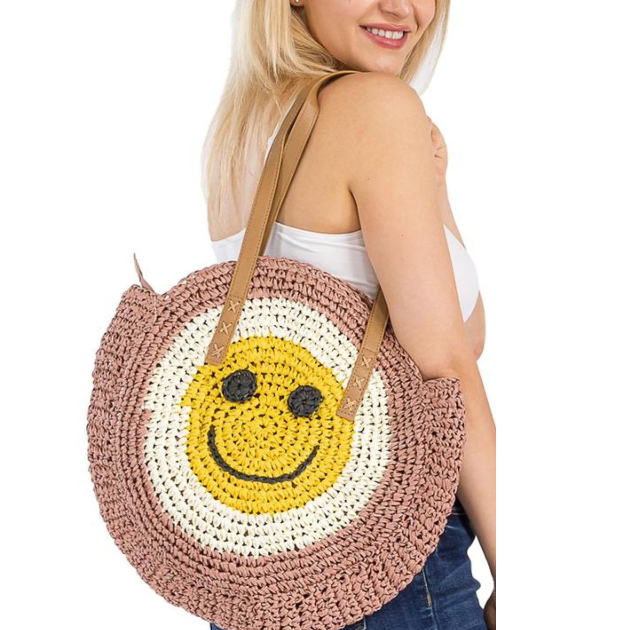 Smiley Face Rattan Wicker Round Beach Tote Bag