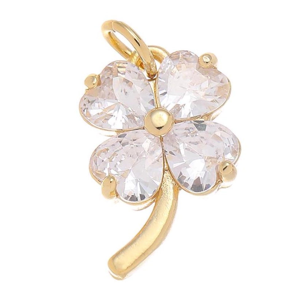 Gold & Silver Cz Four Leaf Clover Flower Charm