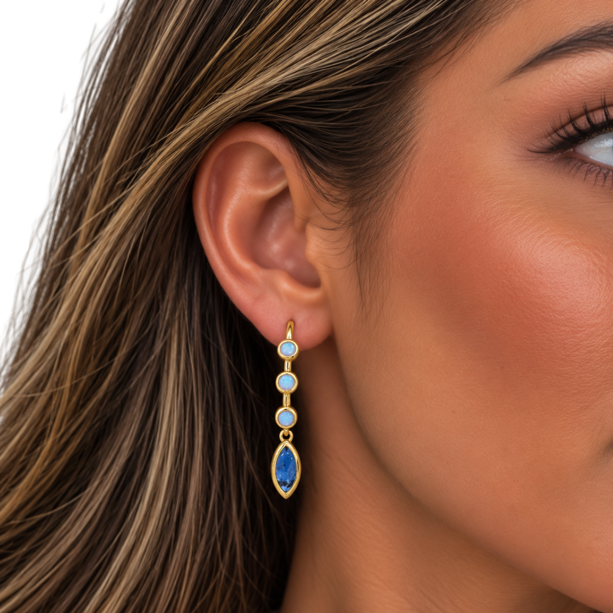 Tai Jewelry Huggies with Marquise Dangle Accent, gold hoop earrings featuring marquise-shaped dangles and sleek design.