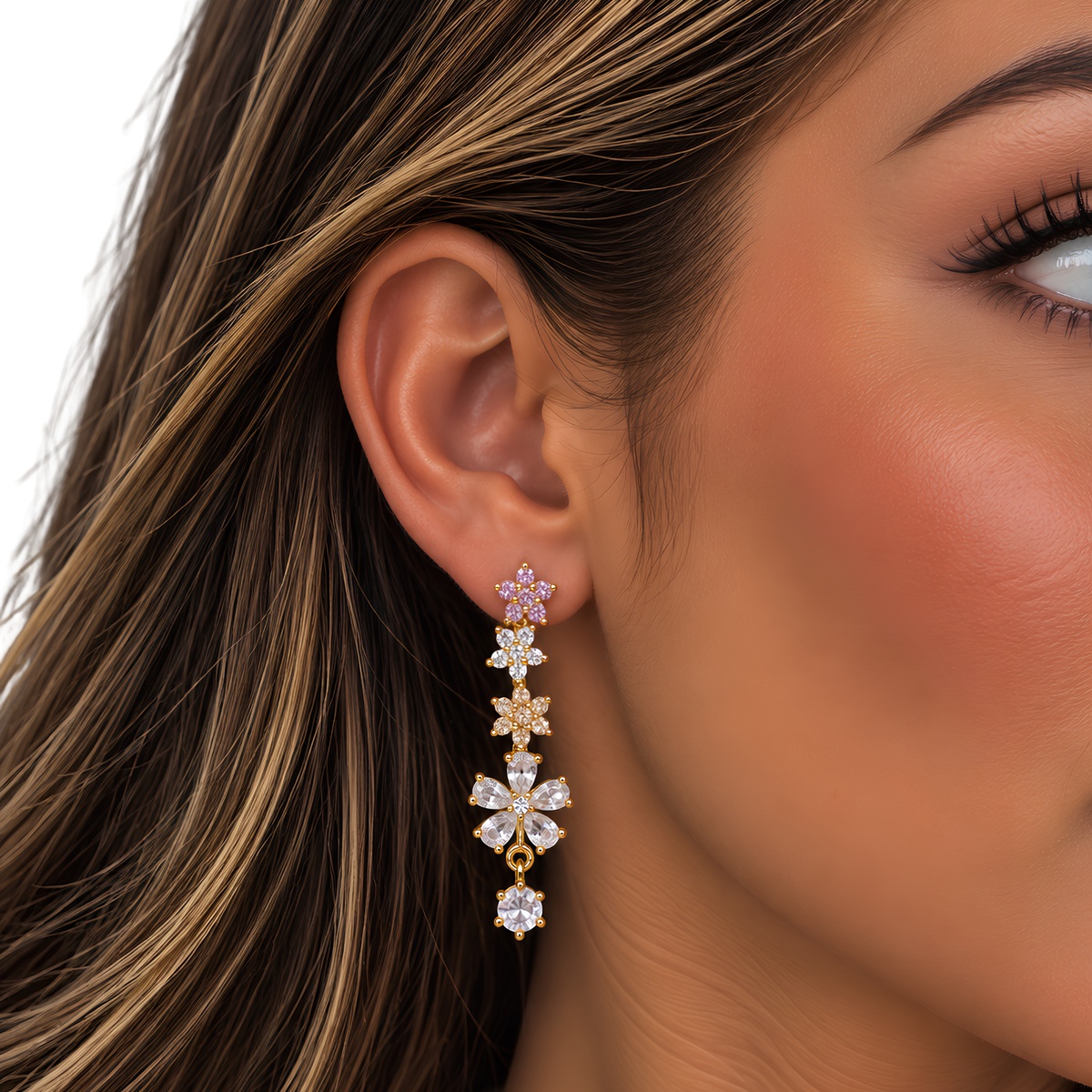 Pastel multi-flower and CZ hanging stud earrings by Tai Jewelry featuring colorful floral designs and sparkling gemstone accents.
