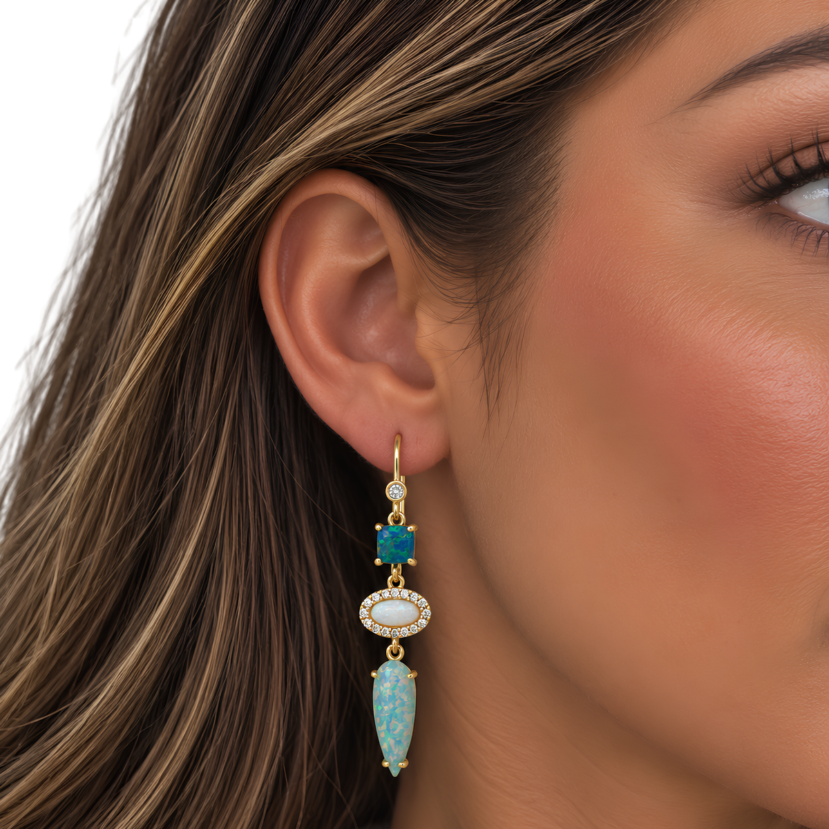 Tai Jewelry Opal geometric drop earrings featuring sleek, modern design with colorful opal stones and silver accents.